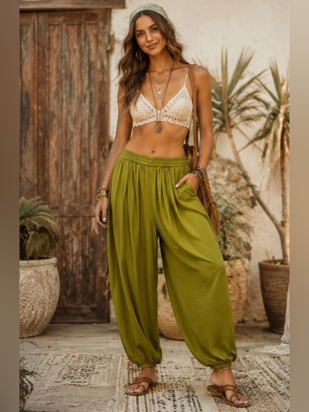 Rhea Olive Green Boho Harem Pants | Balloon Genie Lounge Festival Joggers